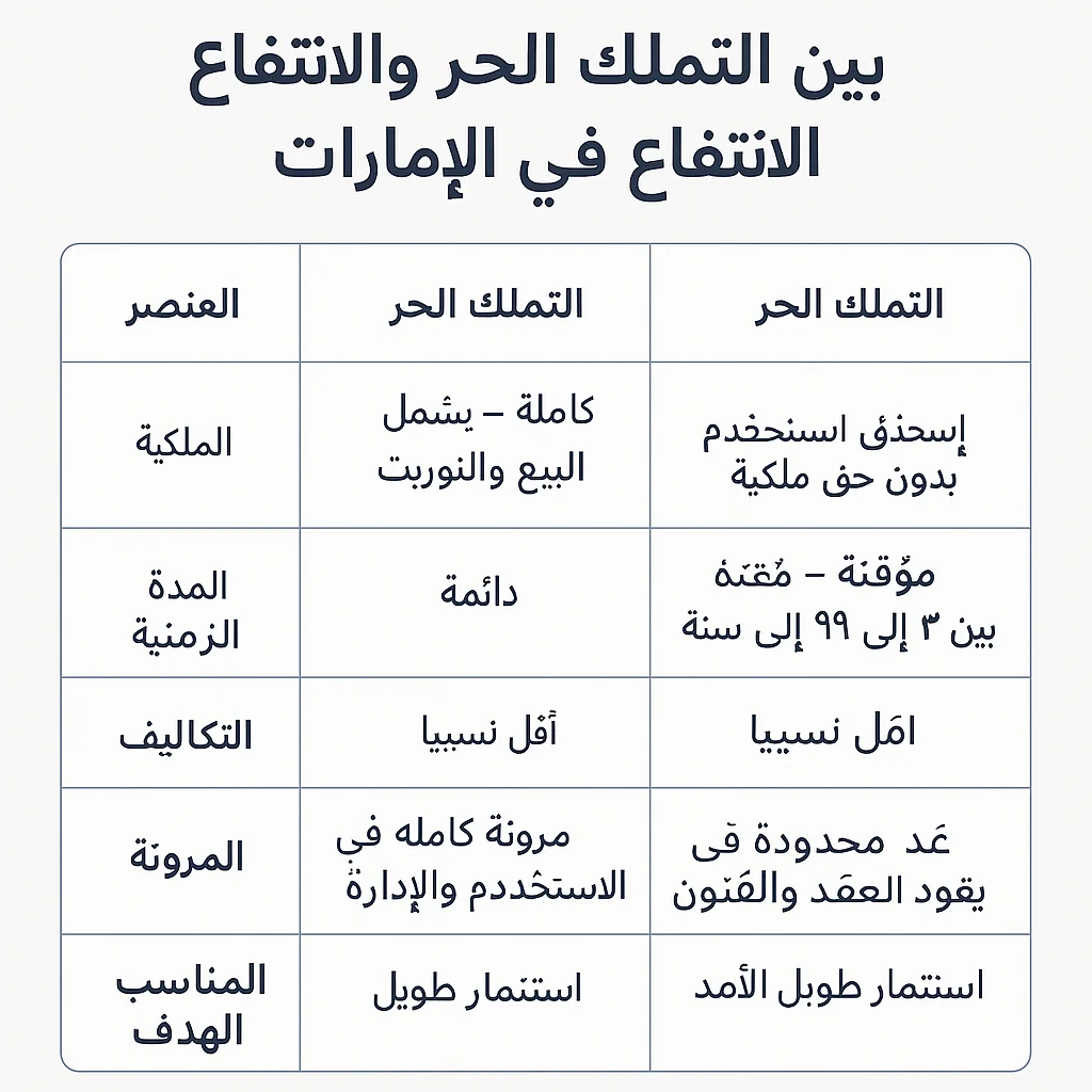 الفرق بين التملك الحر والانتفاع في الإمارات